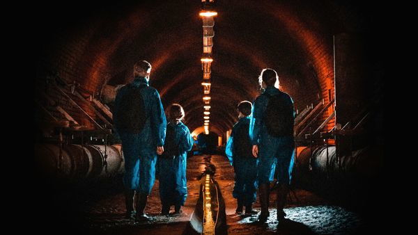 A man, a woman and two children stand in an underground illuminated tunnel.