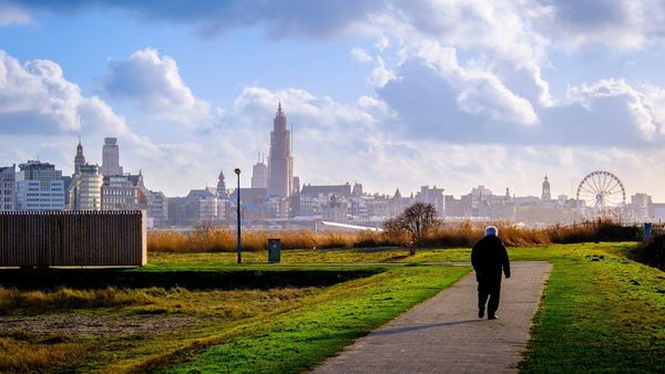 Een man wandelt op Linkeroever met de skyline op de achtergrond
