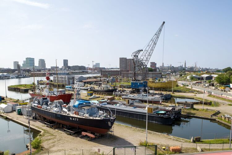 Three full dry docks with ships moored alongside and ships on dry dock.
