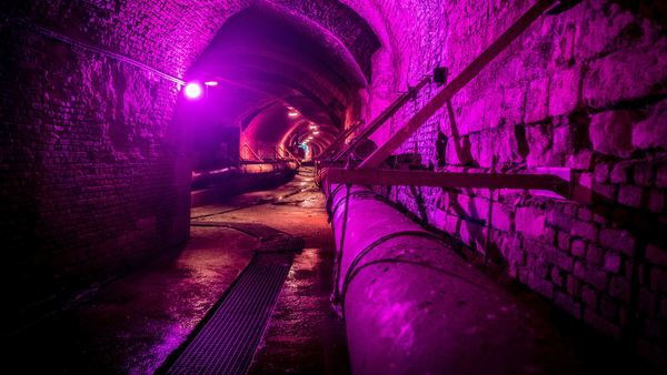 A purple-lit old tunnel through which a large tube runs.
