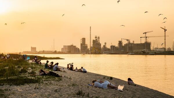 Menschen entspannen sich bei Sonnenuntergang am Strand von Antwerpen, mit Vögeln über dem Wasser und einer industriellen Skyline mit Kränen im Hintergrund.