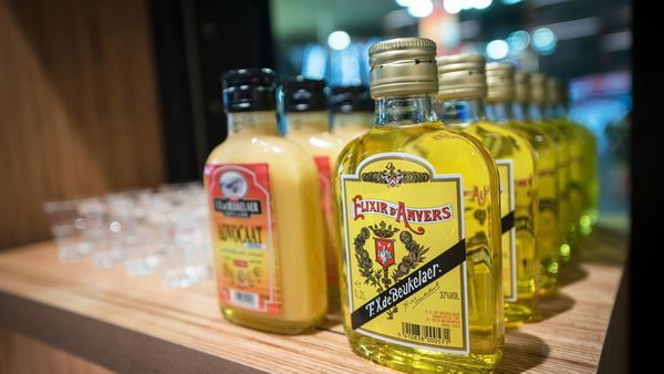Een flesje met geelkleurige likeur van het merk 'Elixir d'Anvers' staat tussen andere drankwaren in een winkel