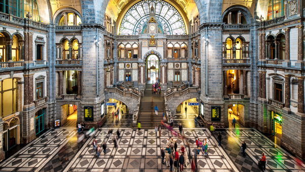 The majestic entrance hall of Antwerp Central Station