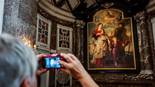 Dame fotografiert die Rückkehr der Heiligen Familie aus Ägypten, Meisterwerk von Rubens