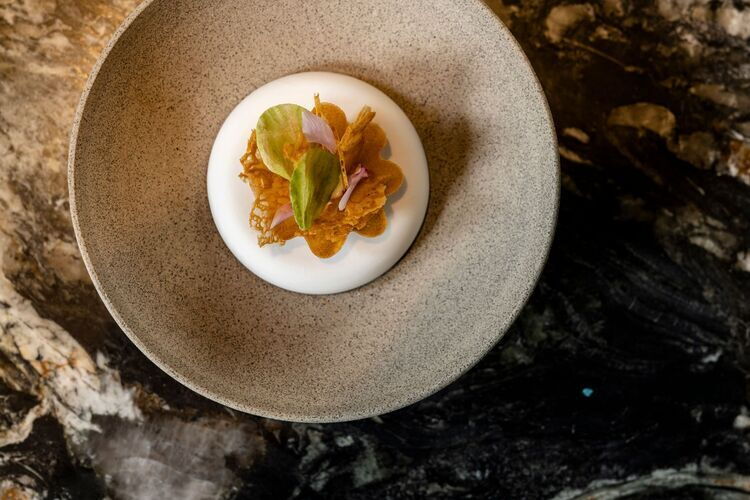 Verfijnd gedresseerd bordje bij restaurant Fine Fleur