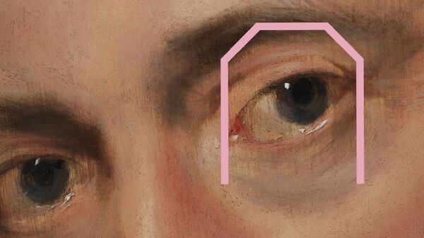 Detail of Rubens' eye highlighted by a pink frame.