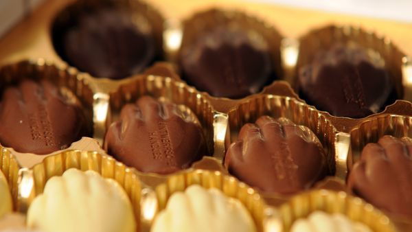 Een reeks chocolade pralines van verschillende soorten liggen in een etalage
