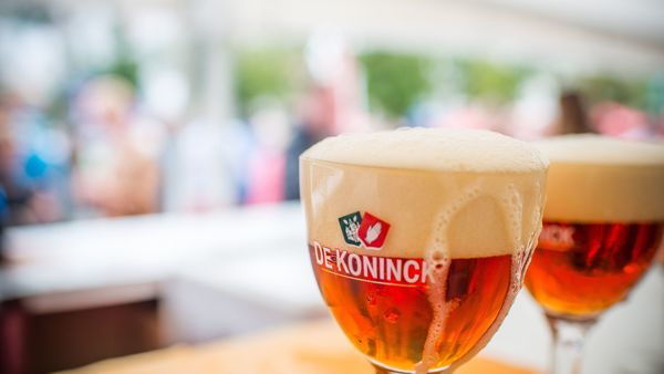 Twee De Koninck-glazen gevuld met amberkleurig bier staan op een bar in de buitenlucht