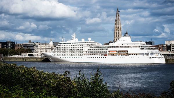 Cruise ship Silver Whisper sails over the Scheldt, the cathedral is in the background.