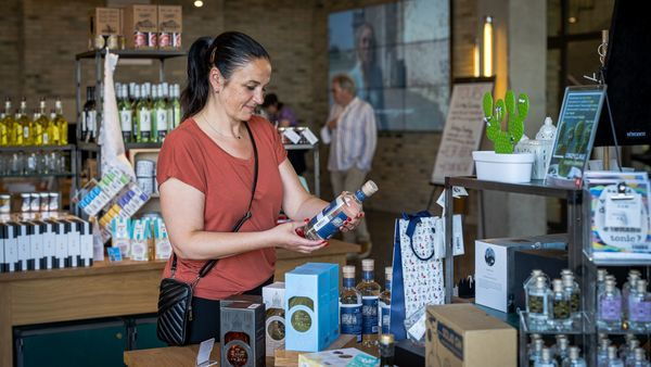 Vrouw kijkt naar fles Elixir d'Anvers op een counter