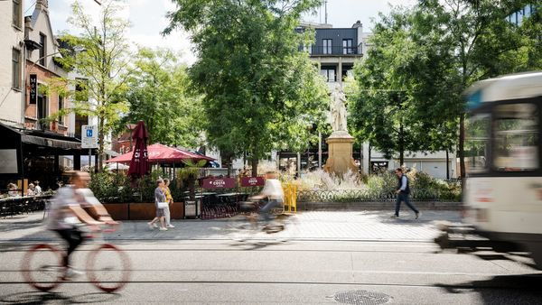 El tranvía y el ciclista pasan por Theodoor Van Rijswijckplaats