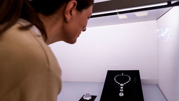 Dame bewondert een juweel in het museum