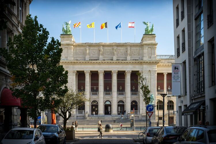 Vue depuis la rue sur le Musée royal des Beaux-Arts d'Anvers, avec sa façade d'entrée monumentale et ses drapeaux sur le toit.