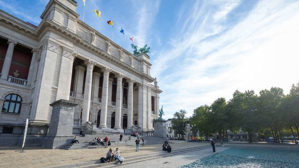 Dozens of people sit and stand at the steps and basin in front of the stately columns of the Royal Museum of Fine Arts Antwerp.
