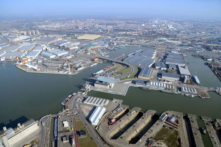 Aerial view of the dry docks and the Port of Antwerp.