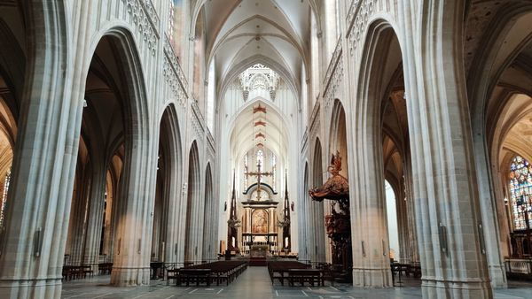 The monumental interior of the nave of a Gothic cathedral